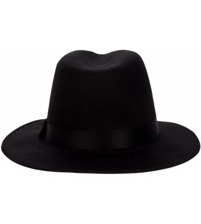 Fedoras Men's Vintage Wide Brim Hard Felt Fedora Panama Hat with Bowknot Black Ribbon - Black - CL12GEIRB0Z $20.79
