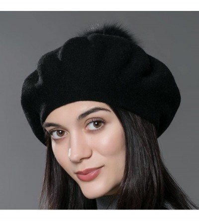 Berets Unisex Winter Hat Womens Knit Wool Beret Cap with Fur Ball Pom Pom - Black - CS12MAJ8RFP $29.00