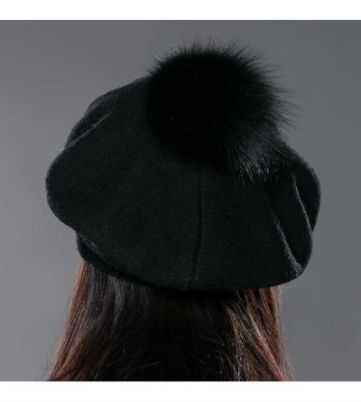Berets Unisex Winter Hat Womens Knit Wool Beret Cap with Fur Ball Pom Pom - Black - CS12MAJ8RFP $29.00