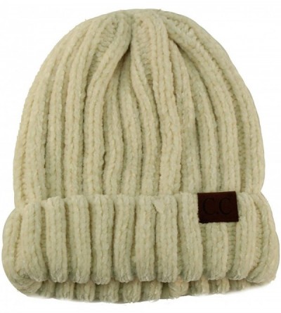 Skullies & Beanies Winter Soft Chenille Chunky Knit Stretchy Warm Ribbed Beanie Hat Cap - Ivory - CG18I6R605K $31.31