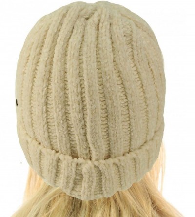 Skullies & Beanies Winter Soft Chenille Chunky Knit Stretchy Warm Ribbed Beanie Hat Cap - Ivory - CG18I6R605K $11.29