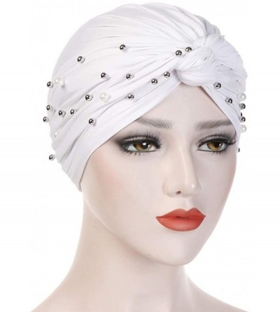 Skullies & Beanies Women Muslim Turban Pearl Hat Bonnet Hijab Headscarf Islamic Chemo Cap - White - CM18RYTZXHT $8.87