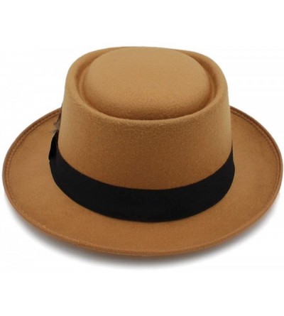 Fedoras Classic Wool Felt Black Pork Pie Hat Porkpie Jazz Fedora Hat Round Top Trilby Stingy Brim Feather Cap - Khaki - CG18L...