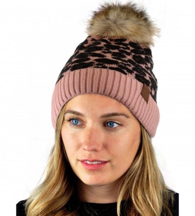 Skullies & Beanies Warm Knit Nylon Blend Animal Print Faux Fur Pom Cuff Beanie - Indi Pink - CQ18AH74T3Z $17.08