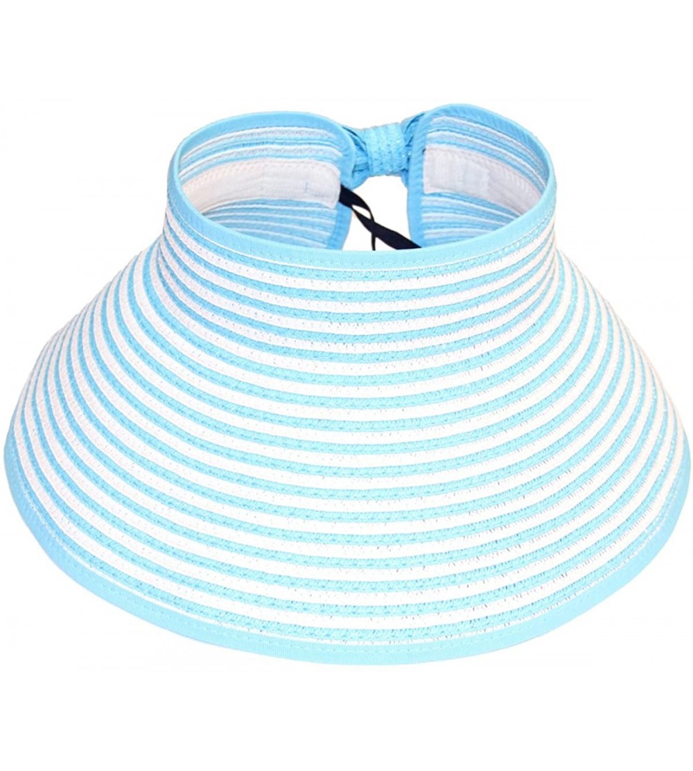 Visors Women's Summer UPF 50+ Packable Roll up Wide Brim Sun Beach Visor Cap Straw Hat. - Stripe-blue - CL17YH8WRO6 $7.48