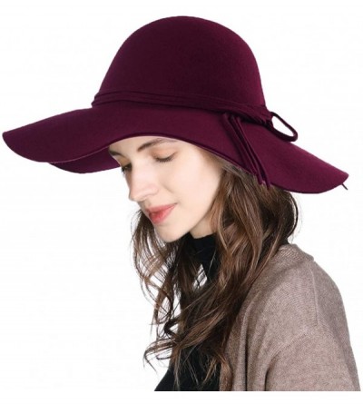 Fedoras Womens 100% Wool Felt Fedora Hat Wide Brim Floppy/Porkpie/Trilby Style - 89071burgundy - CP18ILDECR6 $33.01