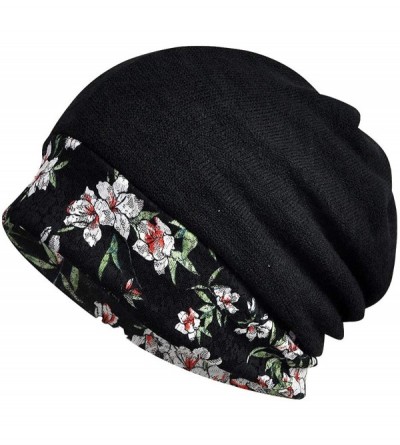 Skullies & Beanies Women's Cotton Lace Baggy Slouchy Beanie Chemo Hat Cap Scarf - Black - CF193TXWATQ $13.20