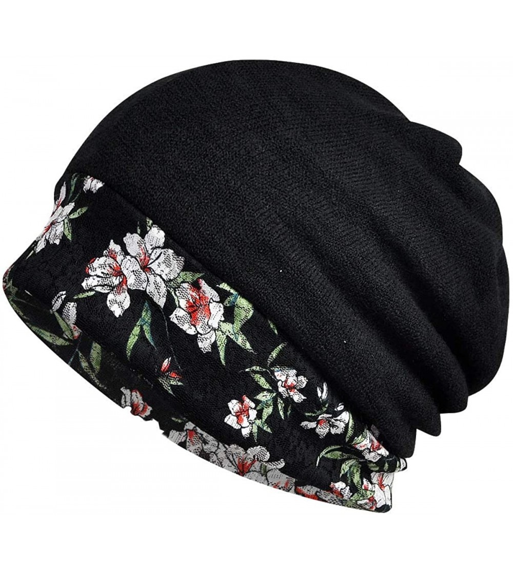 Skullies & Beanies Women's Cotton Lace Baggy Slouchy Beanie Chemo Hat Cap Scarf - Black - CF193TXWATQ $13.20