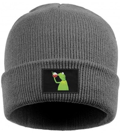 Skullies & Beanies Mens Womens Warm Solid Color Daily Knit Cap Funny-Green-Frog-Sipping-Tea Headwear - Gray - CX18N0QGD7Y $18.87