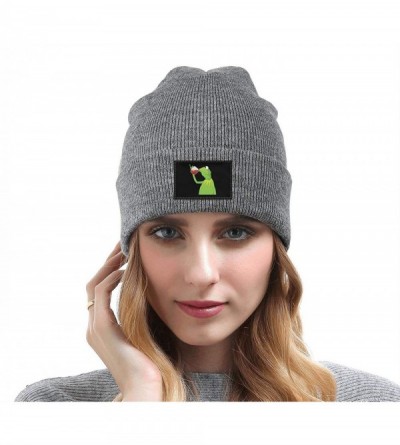Skullies & Beanies Mens Womens Warm Solid Color Daily Knit Cap Funny-Green-Frog-Sipping-Tea Headwear - Gray - CX18N0QGD7Y $18.87