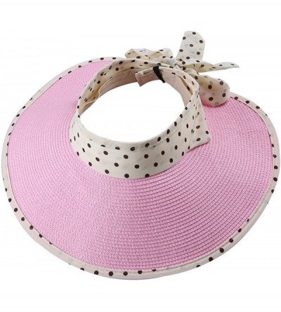 Sun Hats Girl Lady Foldable Polka Dot Ribbon Straw Wide Brim Floppy Sun Hat Visor - Sweet Pink - C612GZSBG3R $15.43