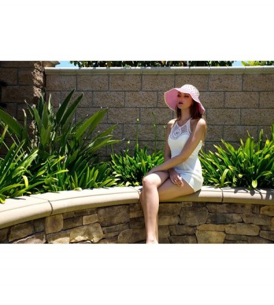 Sun Hats Girl Lady Foldable Polka Dot Ribbon Straw Wide Brim Floppy Sun Hat Visor - Sweet Pink - C612GZSBG3R $15.43