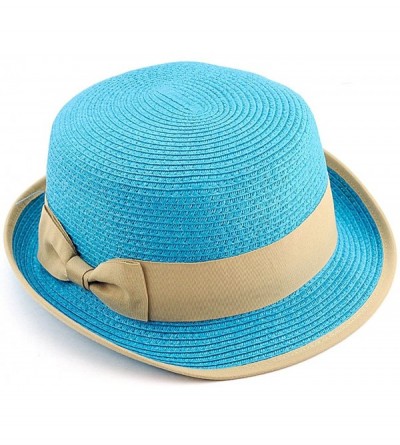 Bucket Hats Stylish Flat Top Paper Woven Porkpie Bucket Hat w/Solid Color Bow - Turquoise - C011LKLG5JP $10.86