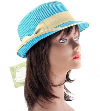 Bucket Hats Stylish Flat Top Paper Woven Porkpie Bucket Hat w/Solid Color Bow - Turquoise - C011LKLG5JP $10.86