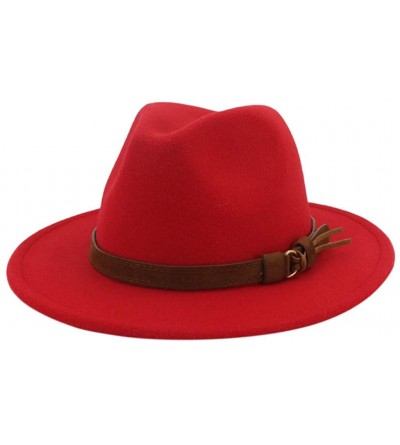 Fedoras Wide Brim Vintage Jazz Hat Women Men Belt Buckle Fedora Hat Autumn Winter Casual Elegant Straw Dress Hat - Red B - CW...