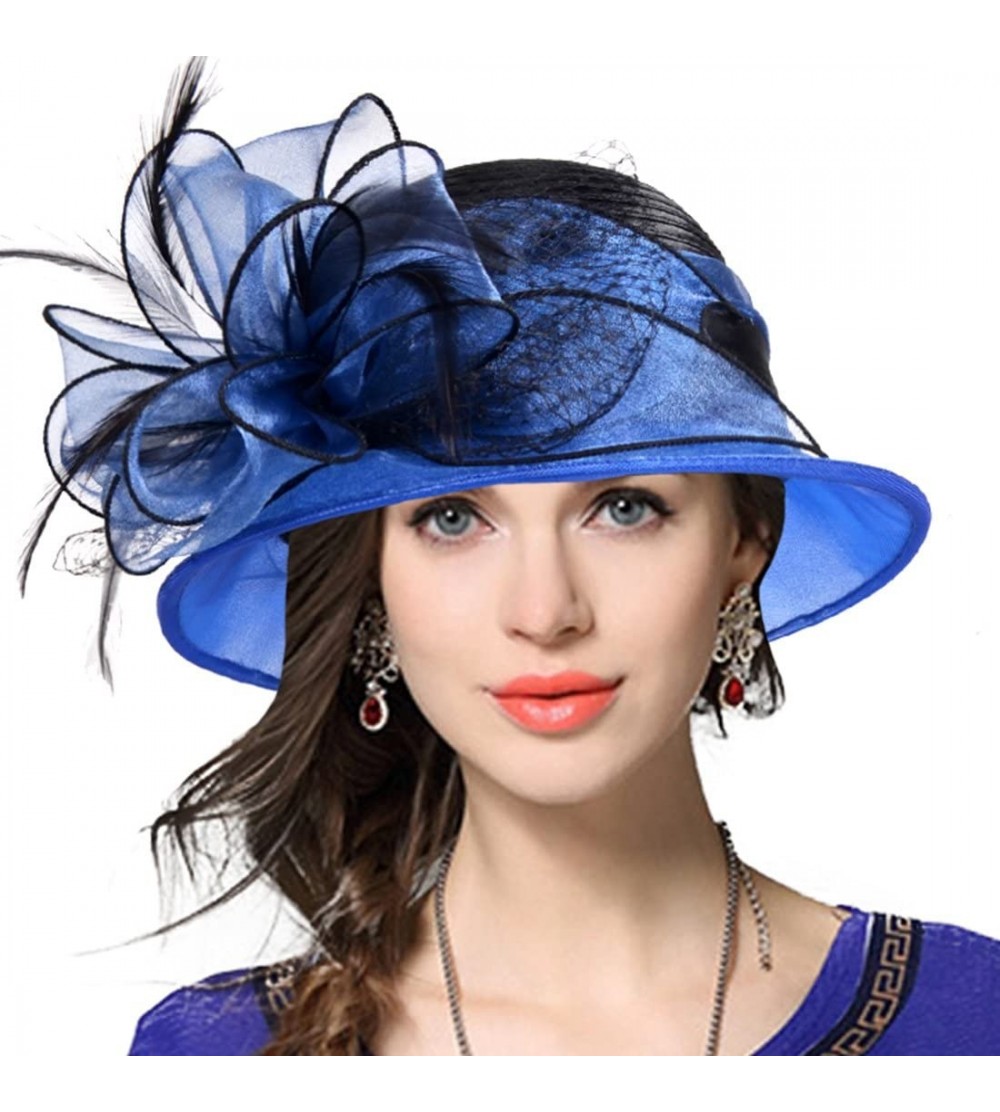 Bucket Hats Lady Derby Dress Church Cloche Hat Bow Bucket Wedding Bowler Hats - Two-tone-blue - CM17WUIIAMC $18.71