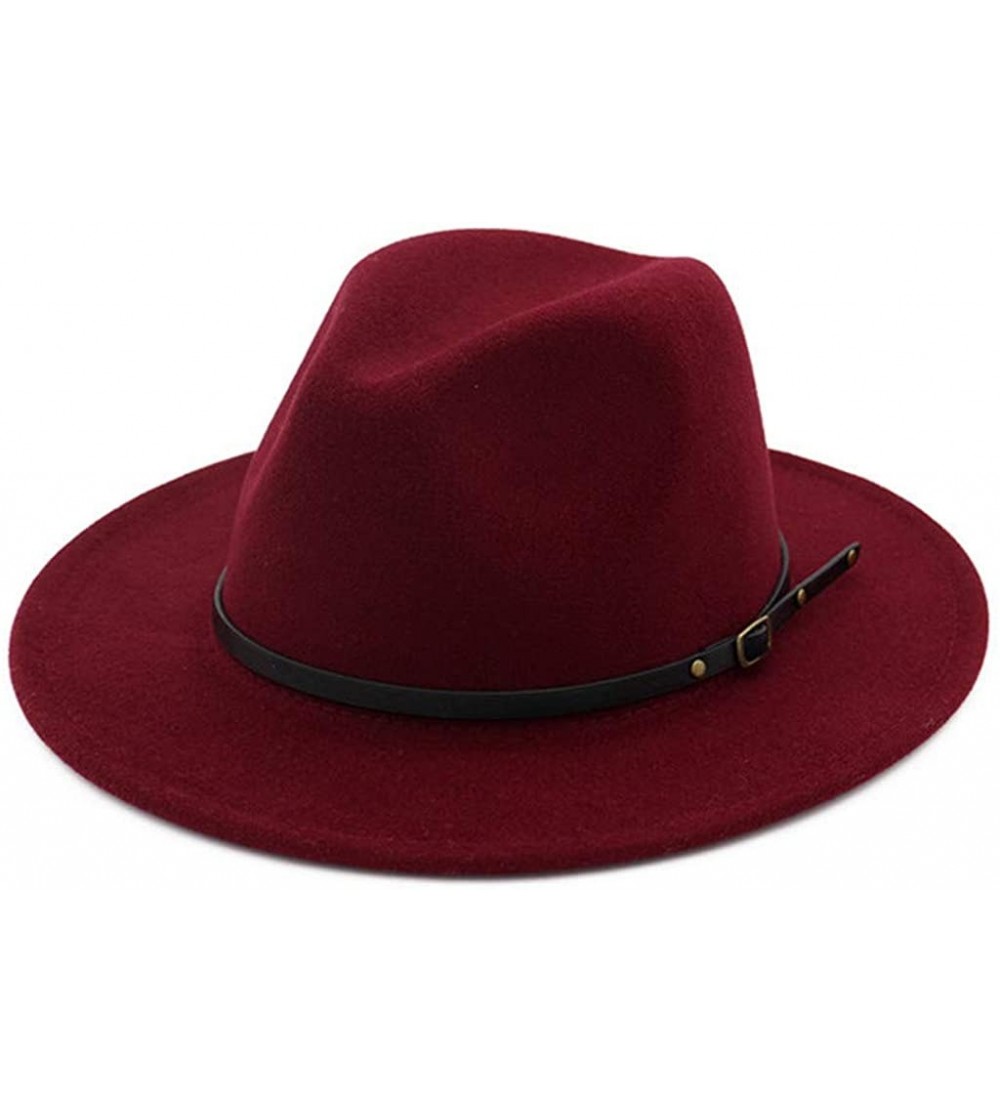 Fedoras Womens Classic Wide Brim Floppy Panama Hat Belt Buckle Wool Fedora Hat - Wine Red - C418SG5XNWM $10.59