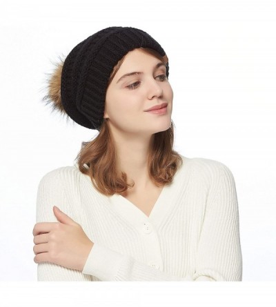Skullies & Beanies Womens Winter Knit Beanie Hat Slouchy Warm Raccoon Fur Pom Pom Hat Caps for Women Ladies Girls - C018ZXR2X...