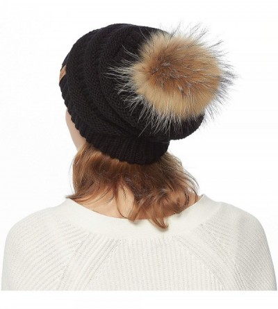 Skullies & Beanies Womens Winter Knit Beanie Hat Slouchy Warm Raccoon Fur Pom Pom Hat Caps for Women Ladies Girls - C018ZXR2X...