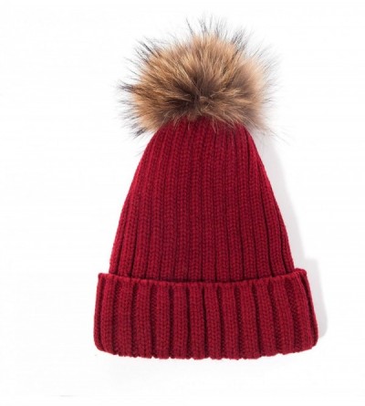 Skullies & Beanies Big Fur Pom Pom Hat - Winter Knit hat for Women Thick Warm Caps Skullies Beanies AH62 - Wine 62 - CJ189LOW...