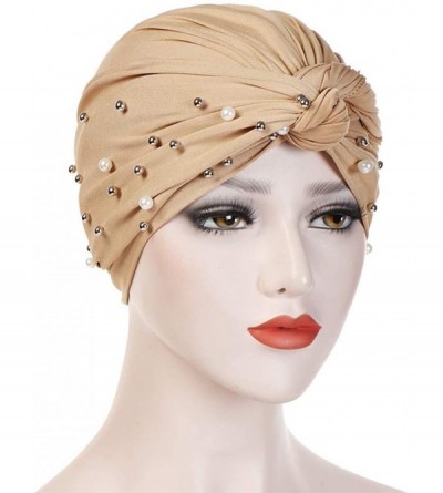 Balaclavas Women Muslim Turban Pearl Hat Bonnet Hijab Headscarf Islamic Chemo Cap - Khaki - CP18RZXHEW9 $12.27