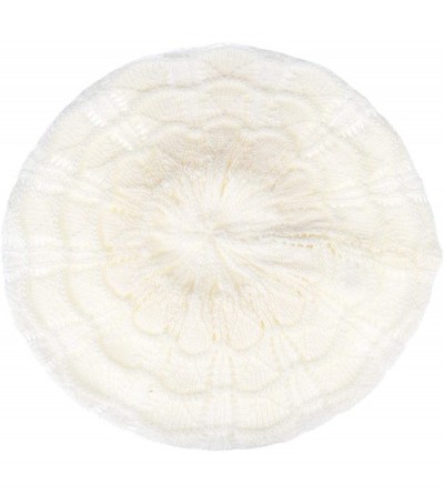 Berets Chic Soft Knit Airy Cutout Lightweight Slouchy Crochet Beret Beanie Hat - Off-white Wavy Stripe - C818L3S62X3 $14.17
