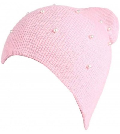 Skullies & Beanies Womens Hat Winter- Faux Pearls Warm Chunky Beanie Hats Cap - Pink - CN188RGALLK $6.96