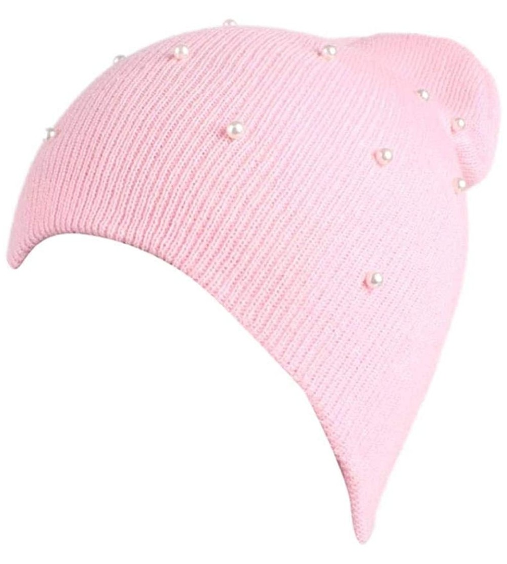Skullies & Beanies Womens Hat Winter- Faux Pearls Warm Chunky Beanie Hats Cap - Pink - CN188RGALLK $6.96
