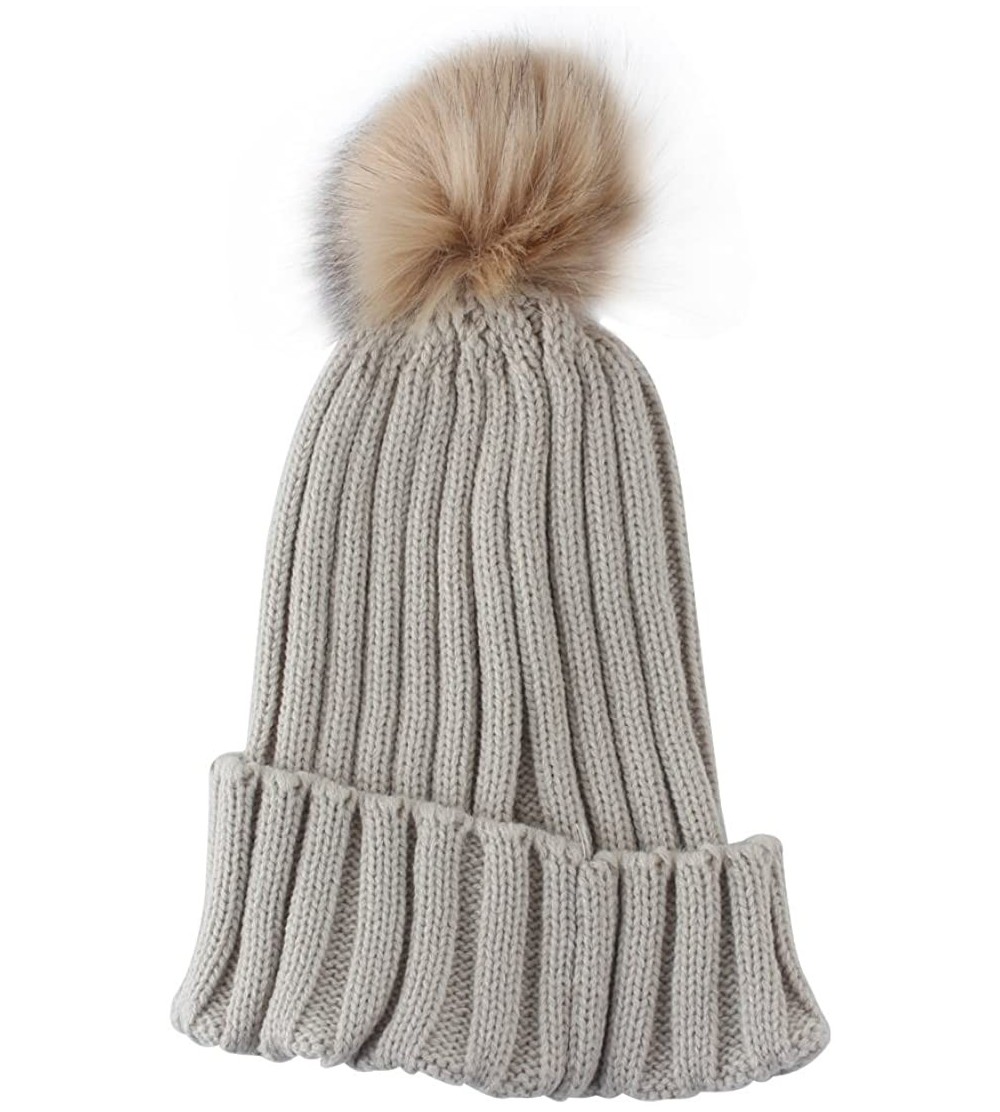 Skullies & Beanies Women's Pom Knit Cuffed Winter Beanie Ski Hat Cap - Beige - CJ11PYS73DR $10.65
