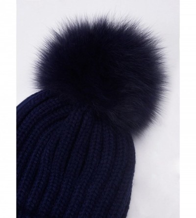 Skullies & Beanies Women Winter Kintted Beanie Hats with Real Fox Fur Pom Pom - Navy - C712N3DNJ3V $15.96
