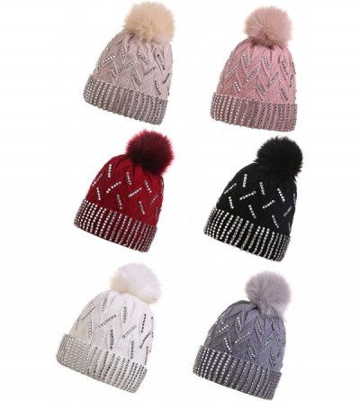 Skullies & Beanies Women Winter Knit Beanie-Hats- Pompom-Hats Warm Chunky-Elastic Shiny Ears for Women - Mz012-beige - CD18XU...