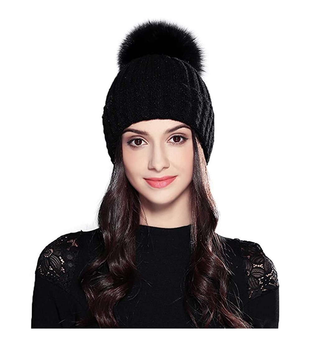 Skullies & Beanies Women Fashion Warm Winter Knitted Beanie Fur Ball Pom Hat Crochet Ski Cap - Black - C518KEQCKDO $19.61