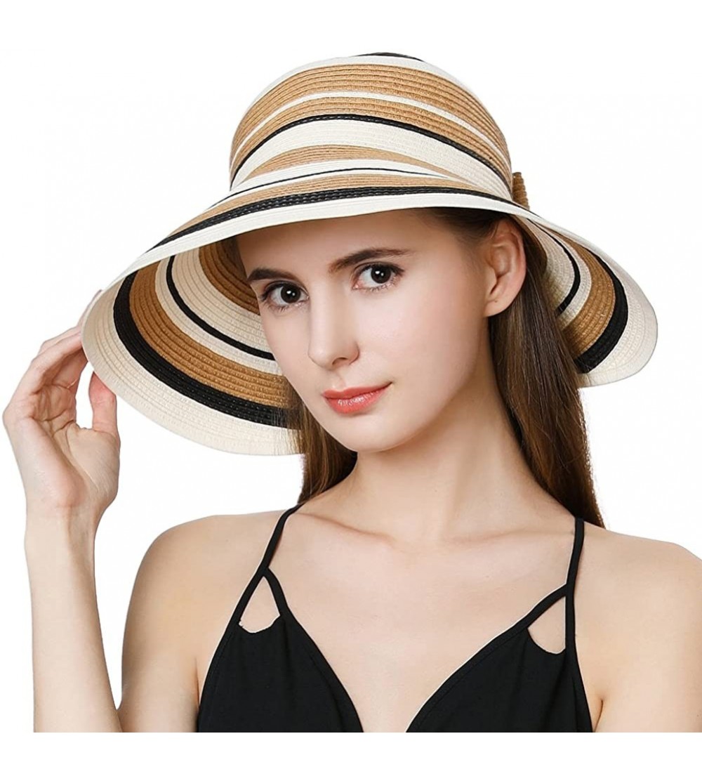 Sun Hats Rollup Straw Sun Visor Foldable Wide Brim Travel Hat Freesize Ponytail Fashion - 99055_beige - CX18D4KQU6R $11.81