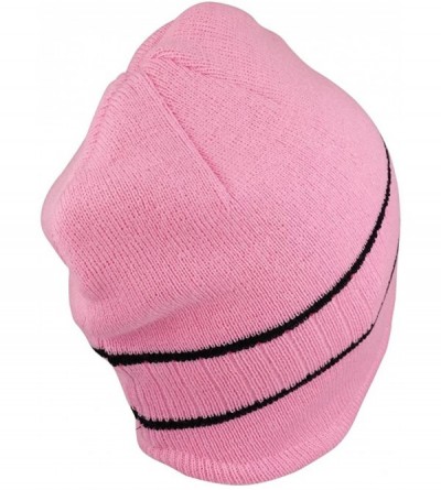 Skullies & Beanies Double Striped Acrylic Knit Warm Winter Beanie Cap - Pink Black - CN1862R5ES3 $18.14