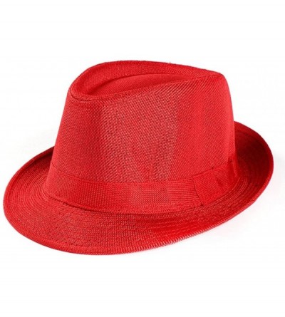 Sun Hats Women Men's Summer Short Brim Straw Fedora Beach Sun Hat Jazz Cap - Red - CZ18G9YGADK $7.97