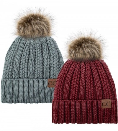 Skullies & Beanies Thick Cable Knit Hat Faux Fur Pom Fleece Lined Cap Cuff Beanie 2 Pack - Burgundy/Natural Grey - C61924AEHX...