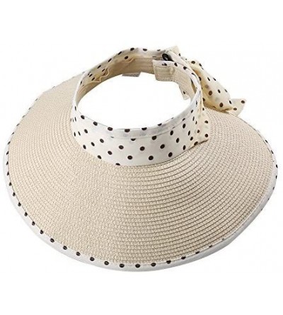 Sun Hats Girl Lady Foldable Polka Dot Ribbon Straw Wide Brim Floppy Sun Hat Visor - Beige - CS12GZSBG6T $12.82