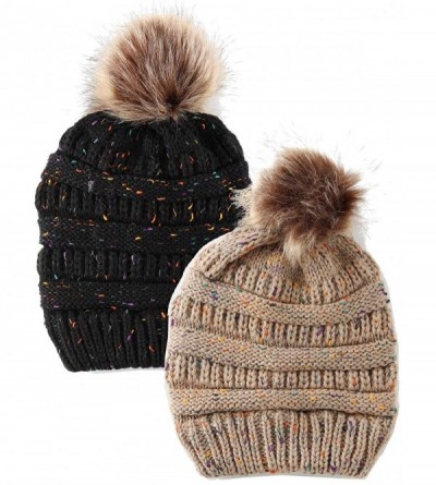 Skullies & Beanies Women's Beanie Faux Fur Pompom Winter Beanie Pom Pom Confetti Cable Knit Ribbed Hat Cap - CK18A99O9S8 $19.14