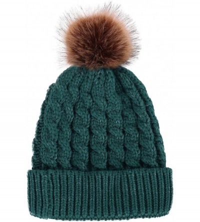 Skullies & Beanies Women's Winter Soft Knit Beanie Hat with Faux Fur Pom Pom - No Fleece Lined_green - CL182WT78EE $31.22
