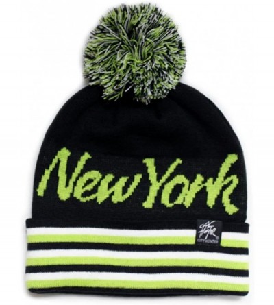 Skullies & Beanies Sk930 Stripe Script City Pom Knit Beanie Hat -New York - Black/Lime - C511GHE74B3 $17.15