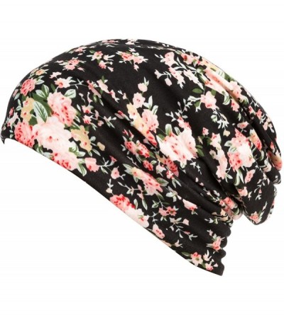 Skullies & Beanies Print Flower Cap Cancer Hats Beanie Stretch Casual Turbans for Women - Black+navy Blue - CV18HEK950G $15.52