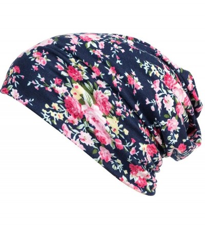 Skullies & Beanies Print Flower Cap Cancer Hats Beanie Stretch Casual Turbans for Women - Black+navy Blue - CV18HEK950G $15.52