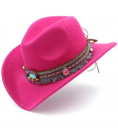 Cowboy Hats Women Men Wool Blend Western Cowboy Hat Cowgirl Caps Bohemia Tassel Ribbon - Rose Red - CA18IIN2KIM $15.31