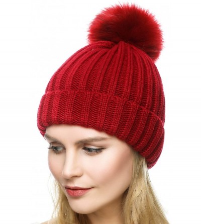 Skullies & Beanies Womens Girls Winter Fur Hat Large Faux Fur Pom Pom Slouchy Beanie Hats - Wine Red(wine Red Pompom) - C0193...