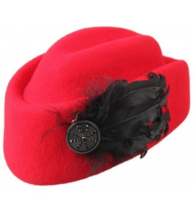 Berets Women's Retro Feather Wool Beret Cap Airline Stewardess Hat - Red - C1124X1D7WB $28.58