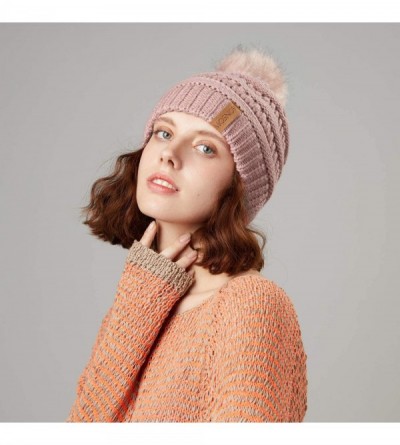 Skullies & Beanies Women's Winter Hat Slouchy Beanie Knit Watch Cap Faux Fur Pom Pom Hat Crochet Hats for Women - Pink - C418...