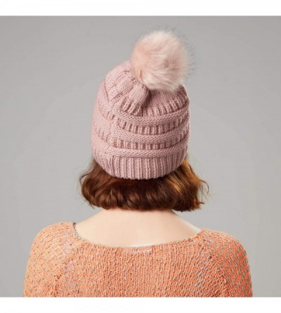 Skullies & Beanies Women's Winter Hat Slouchy Beanie Knit Watch Cap Faux Fur Pom Pom Hat Crochet Hats for Women - Pink - C418...