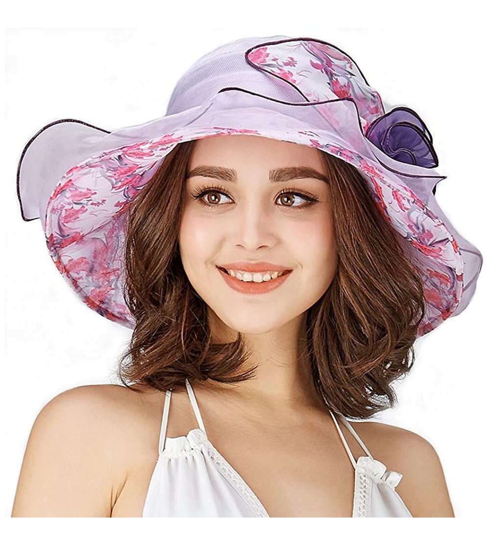 Sun Hats Women Summer Sun Hat Mulberry Silk Breathable Hat UV-Proof Sun Hat Foldable Flouncing Kentucky Derby Hats - Pink - C...