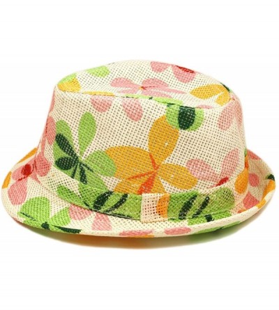 Fedoras Young Adult Teen's (6-12) Flower Print Fedora Straw Hat with Matching Band - CX1109WLCKN $9.23