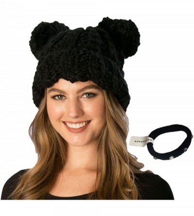 Skullies & Beanies Women's Handcrafted Soft Chunky Knitted Double Pom Pom Beanie Hat with Hair Tie. - Black - CR12MXXRGGN $26.31